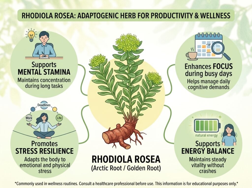 Rhodiola is a popular adaptogenic herb often used in productivity-focused wellness routines.
